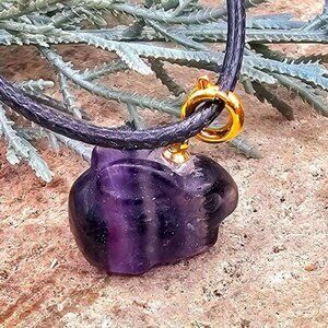 Nature Purple Fluorite Carved Cute Rabbit Pendant Necklace